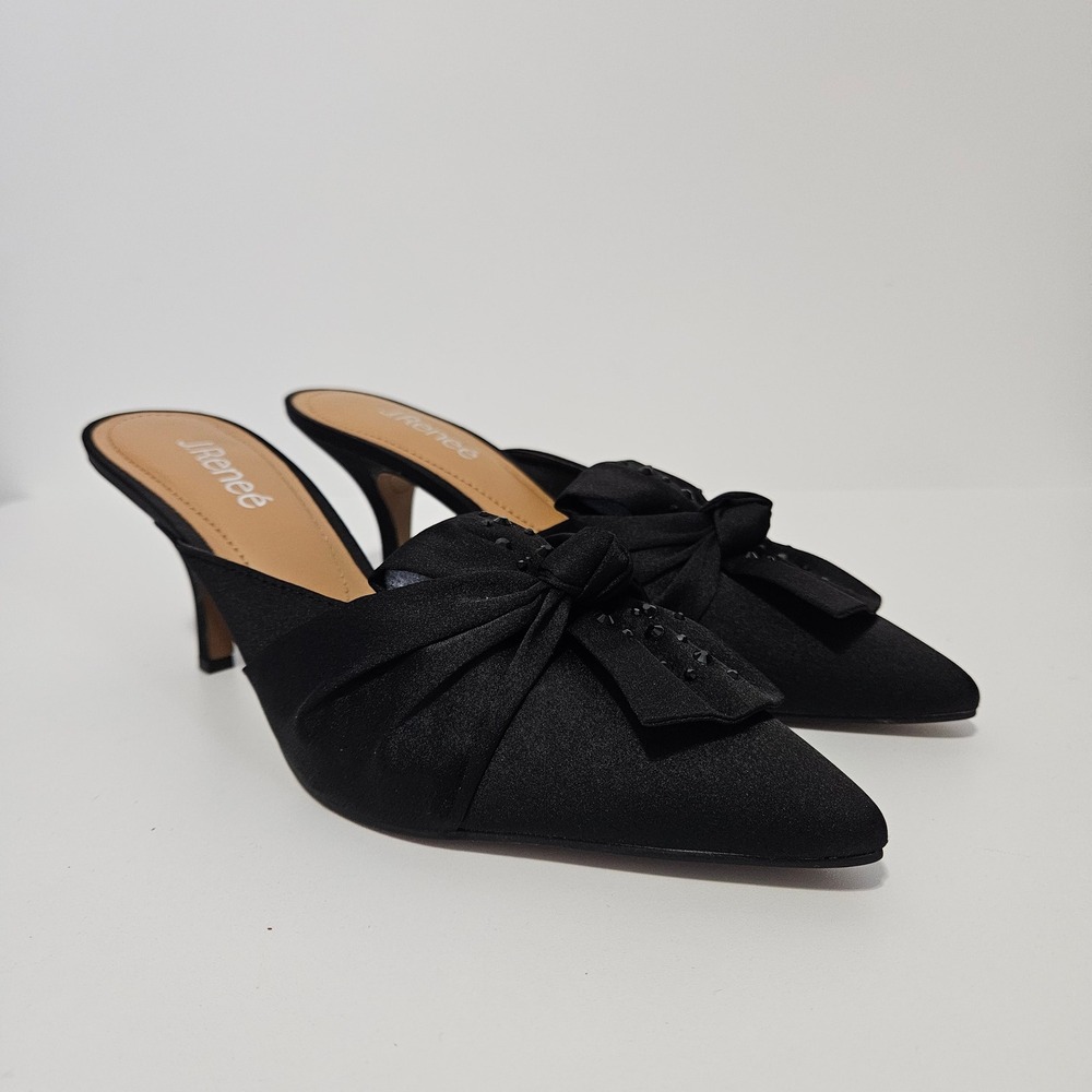 J. Renee Kitten Heel Mules Size 8.5M Black Satin Pointed Toe Bow Formal Event